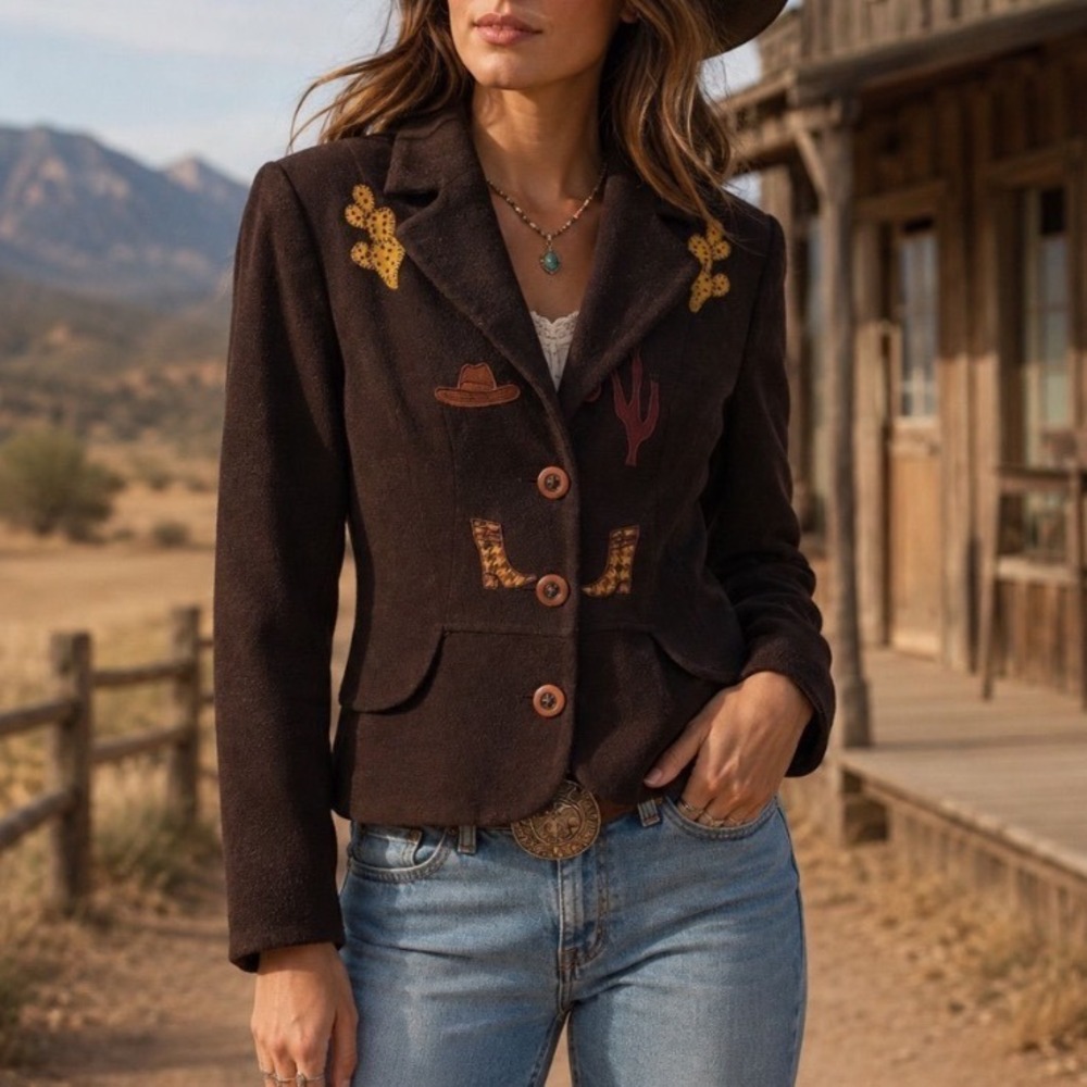 Tootsies Vintage Brown Western Embroidered Wool Blend Blazer Jacket Small USA